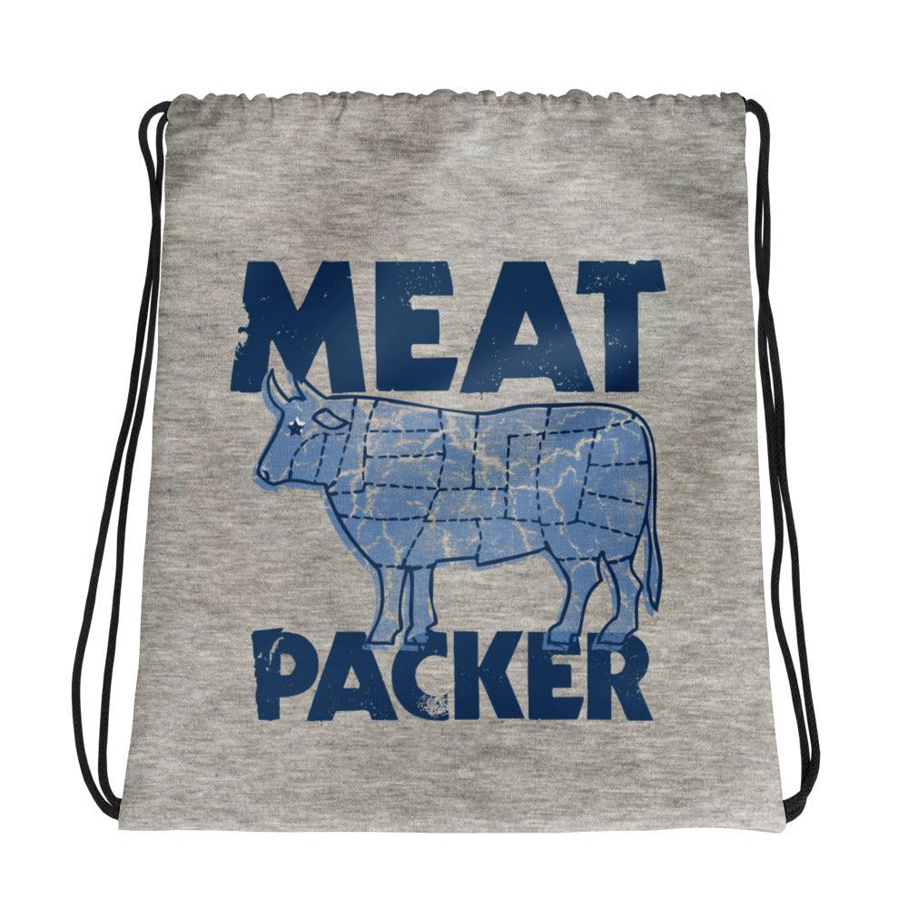 Meat Packer Drawstring Bag with cow design, durable polyester, 15x17 inches, ideal for carrying meat, twin cotton handles.