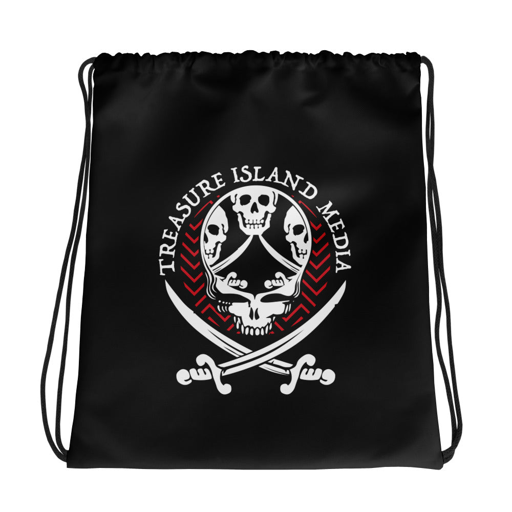 Tri-Skull Drawstring Bag with edgy design, lightweight polyester, and secure closure.