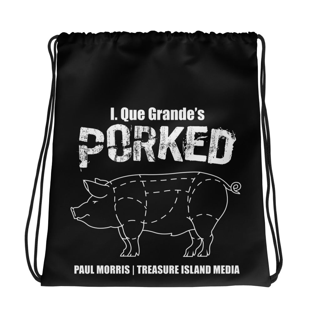 Black drawstring bag with "Porked" design, 100% polyester, twin cotton handles.