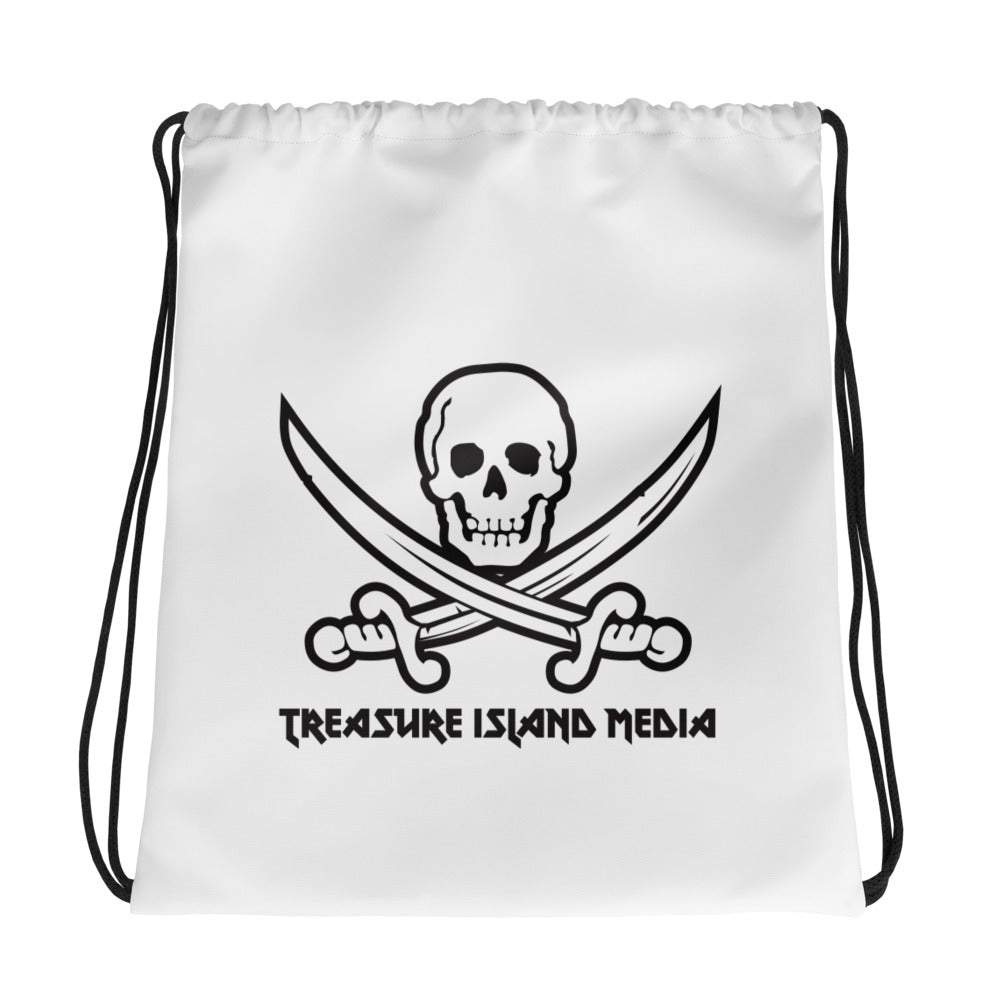 Vibrant logo drawstring bag with black straps and skull design.