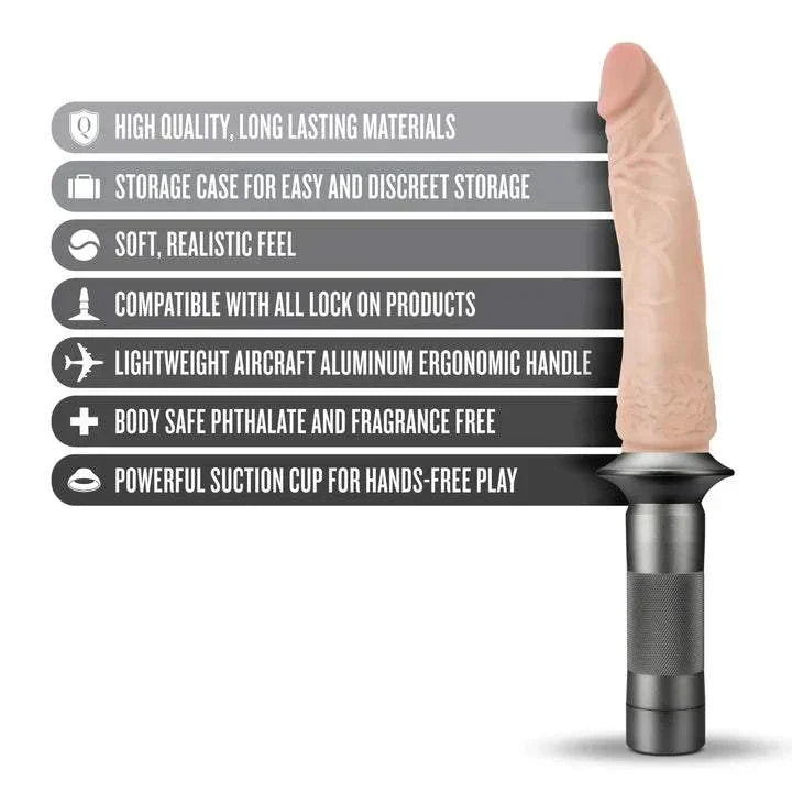 Realistic 7.75 inch dildo with ergonomic aluminum handle and suction cup adapter for versatile and intense play.