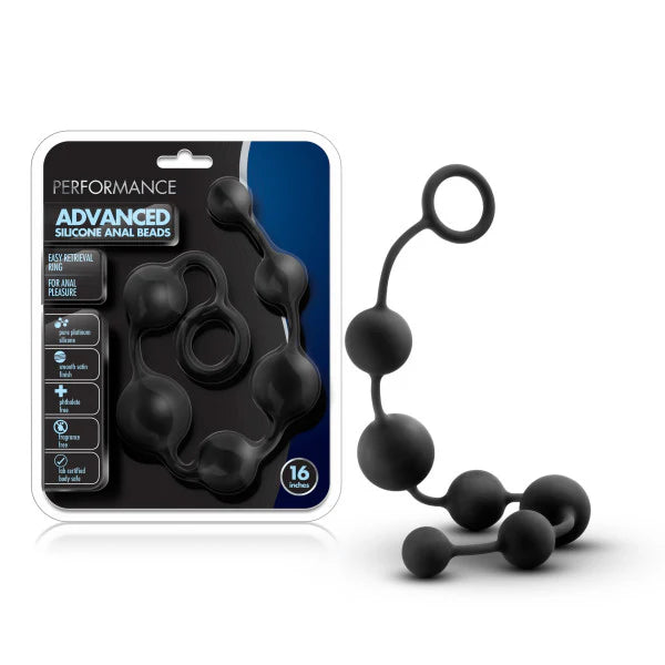 Performance Advanced Anal Beads, 16-inch black silicone beads with looped handle for anal play.