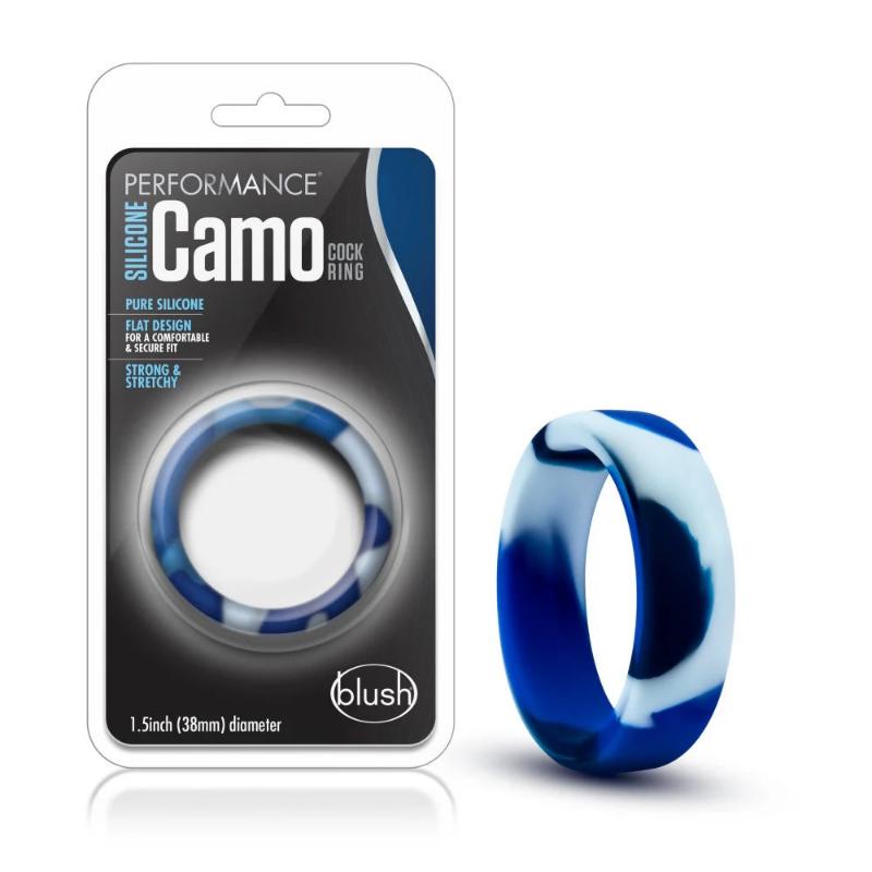 Blush Performance Silicone Camo Cock Ring Blue Camouflage with satin smooth finish and flexible design.