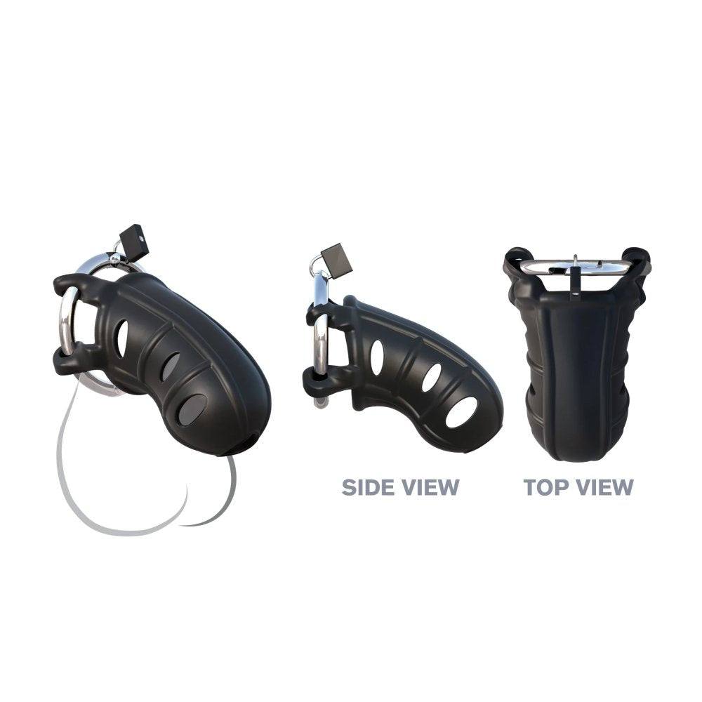 Hardcore silicone cock blocker locking chastity cage in black, side and top view.