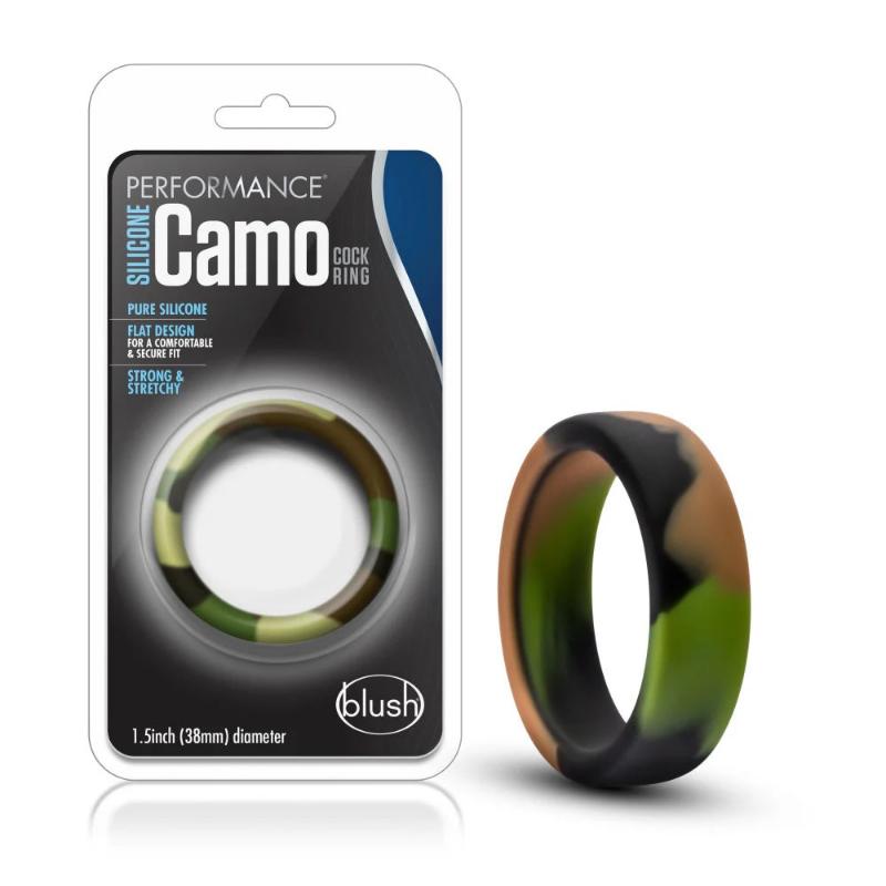 Blush Performance Silicone Camo Cock Ring in Green Camouflage, soft flexible design, hypoallergenic material, body safe silicone.