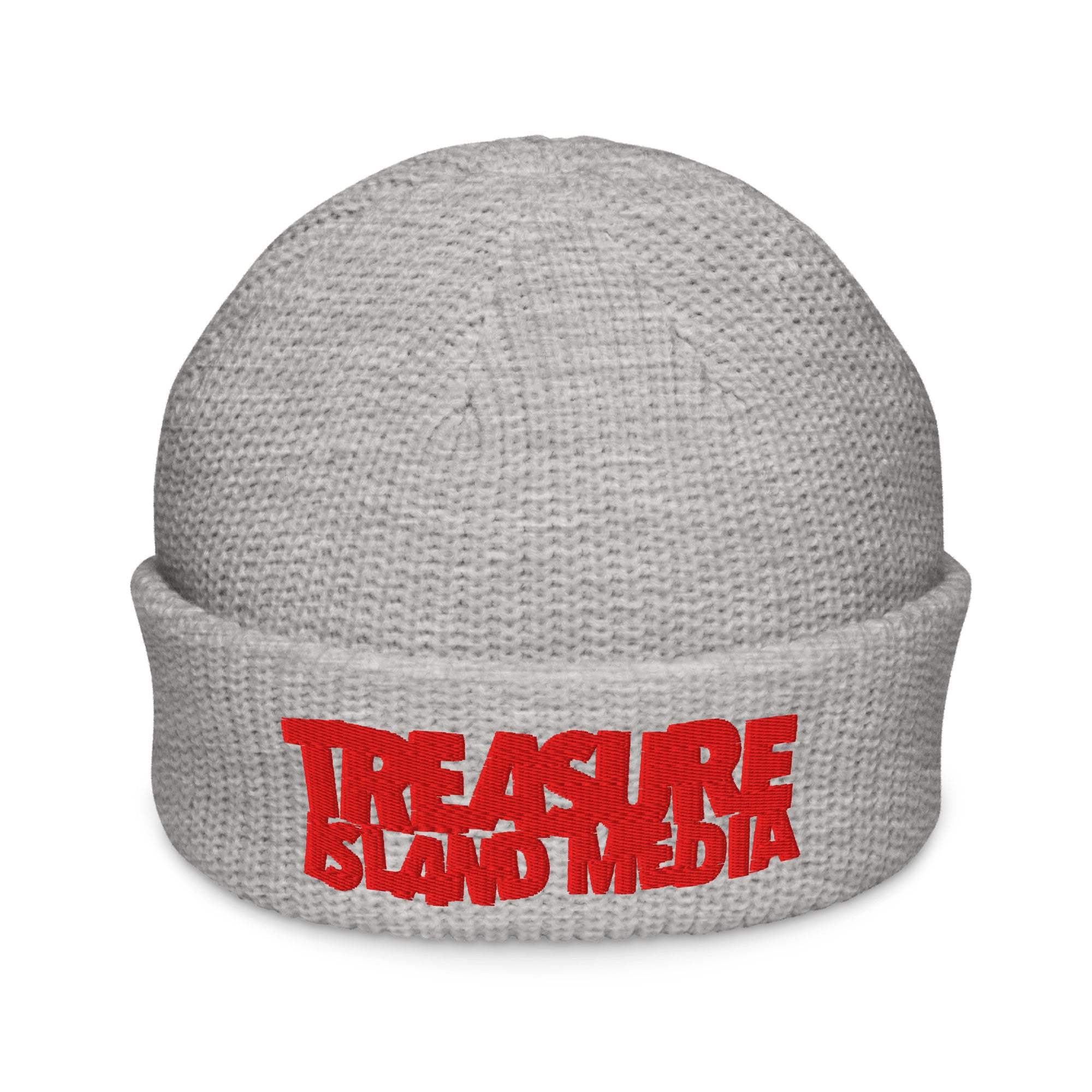 Gray ribbed knit TIM Fisherman beanie with red Treasure Island Media logo.