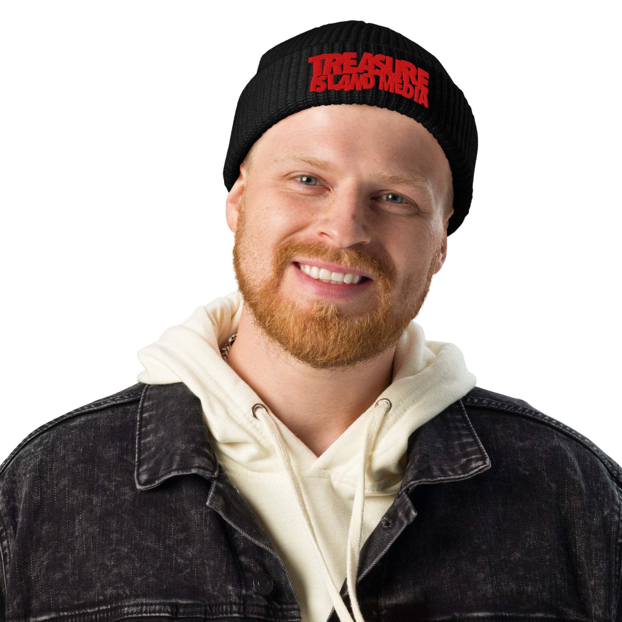 Man wearing TIM Fisherman beanie with ribbed knit design.