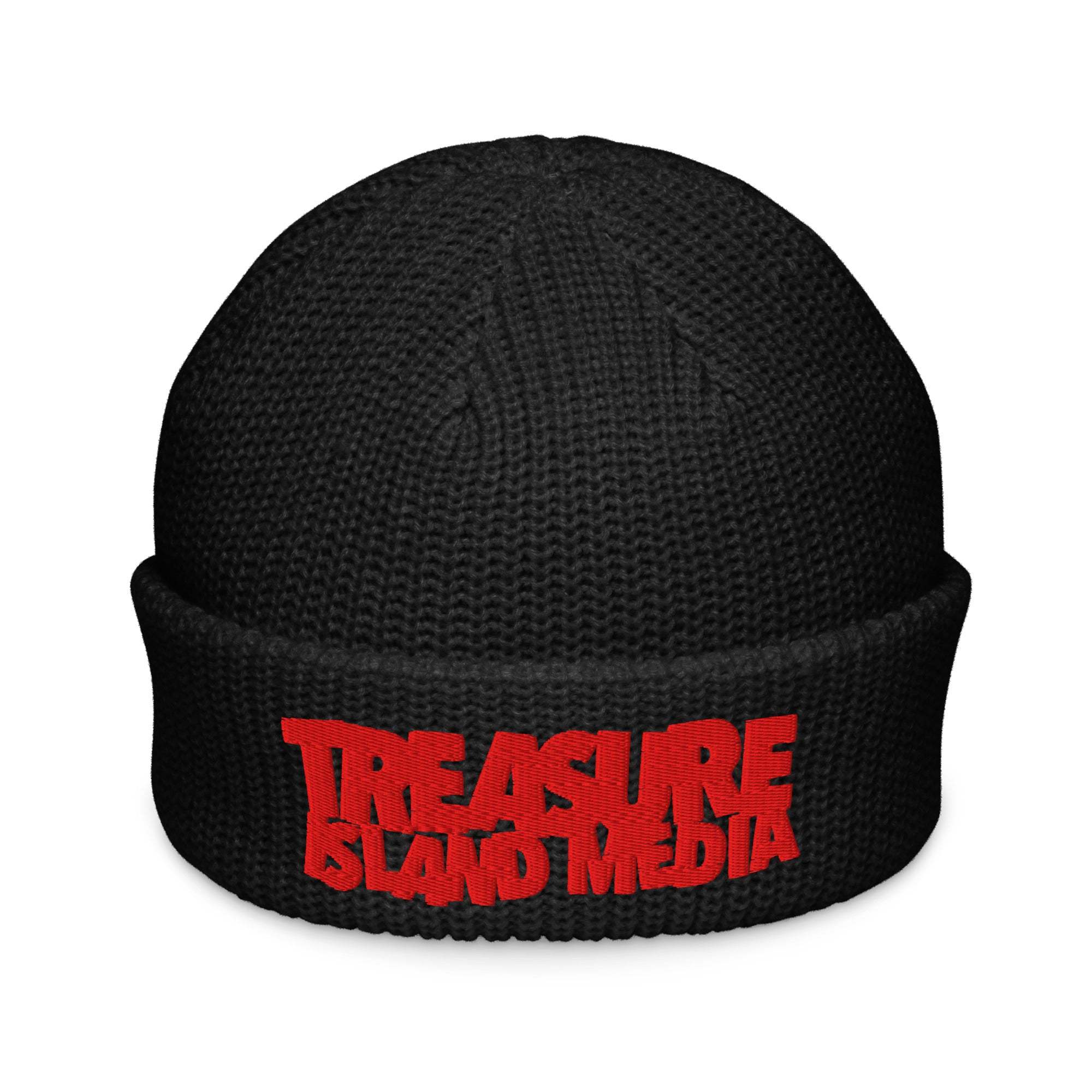 Black ribbed TIM Fisherman beanie with red text embroidery, 100% acrylic, snug fit.