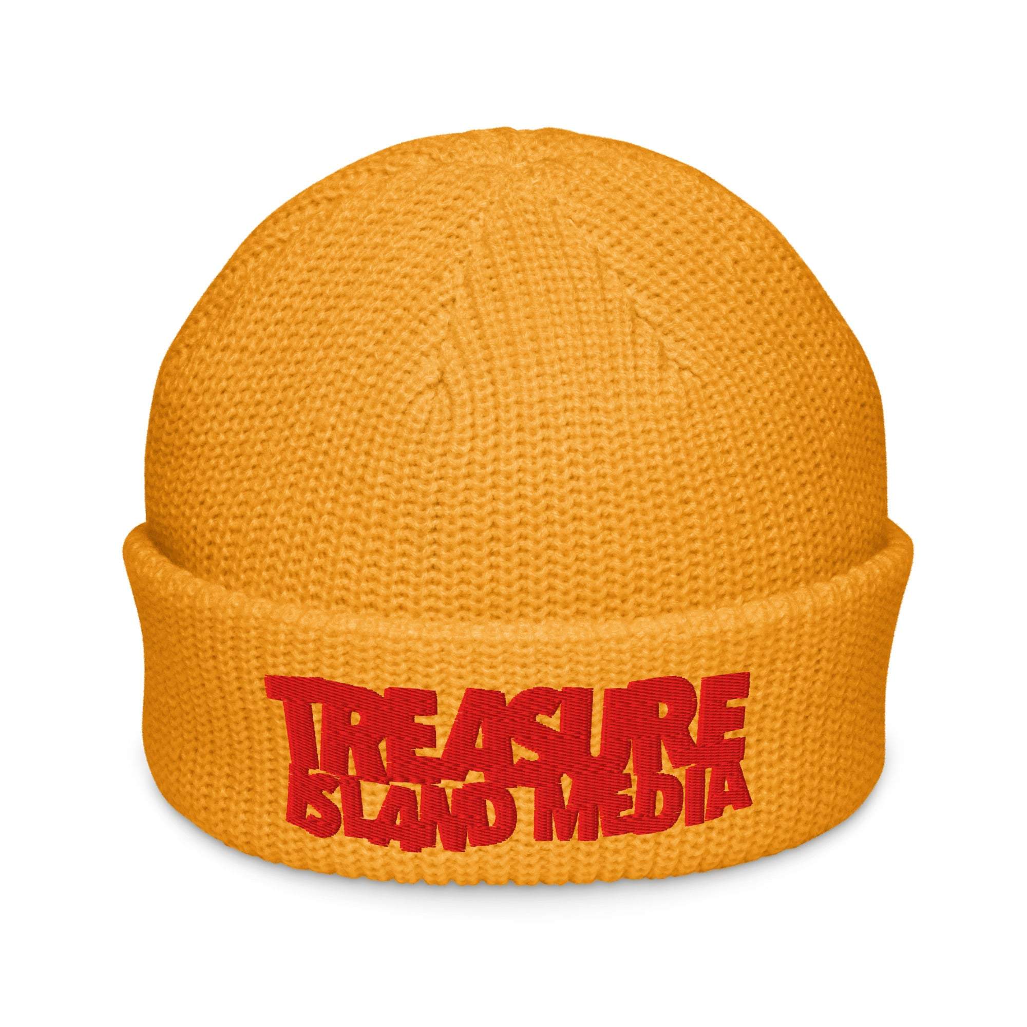 Orange TIM Fisherman beanie with ribbed knit design and embroidered red lettering.