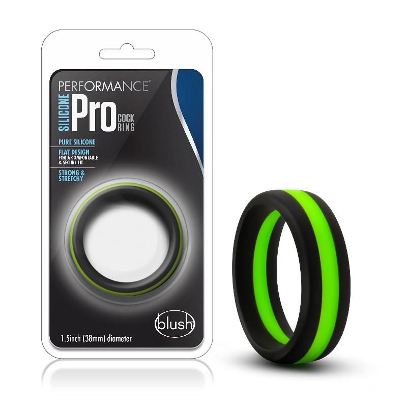 Blush Performance Silicone Go Pro Cock Ring Black/Green/Black, silicone, flat design, satin smooth finish, hypoallergenic, 1.5-inch inner diameter.