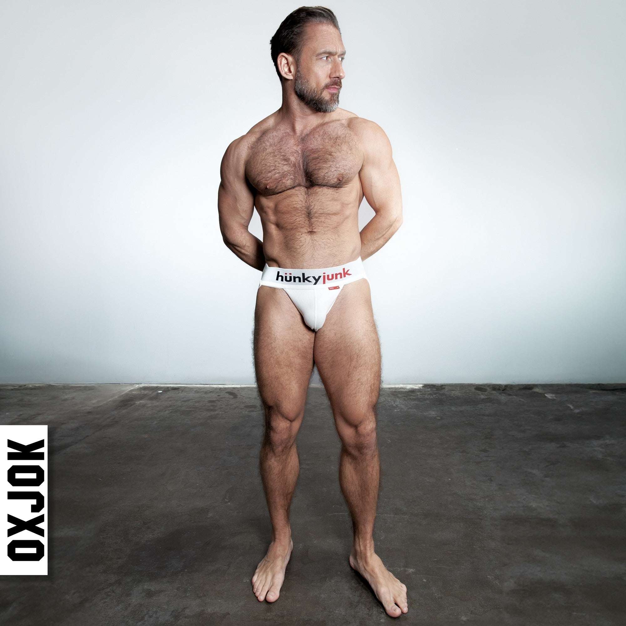 Oxballs Hunker Jockstrap in white snow, featuring a tri-fold pouch and bold waistband for comfort and style.