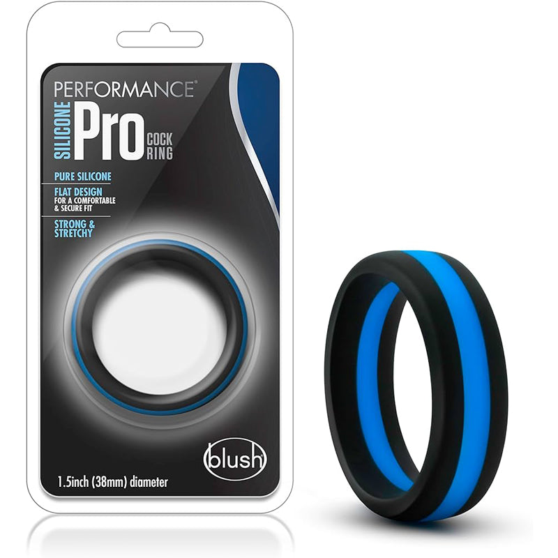 Blush Performance Silicone Go Pro Cock Ring in black and indigo design, body-safe silicone, 1.75-inch outer diameter.