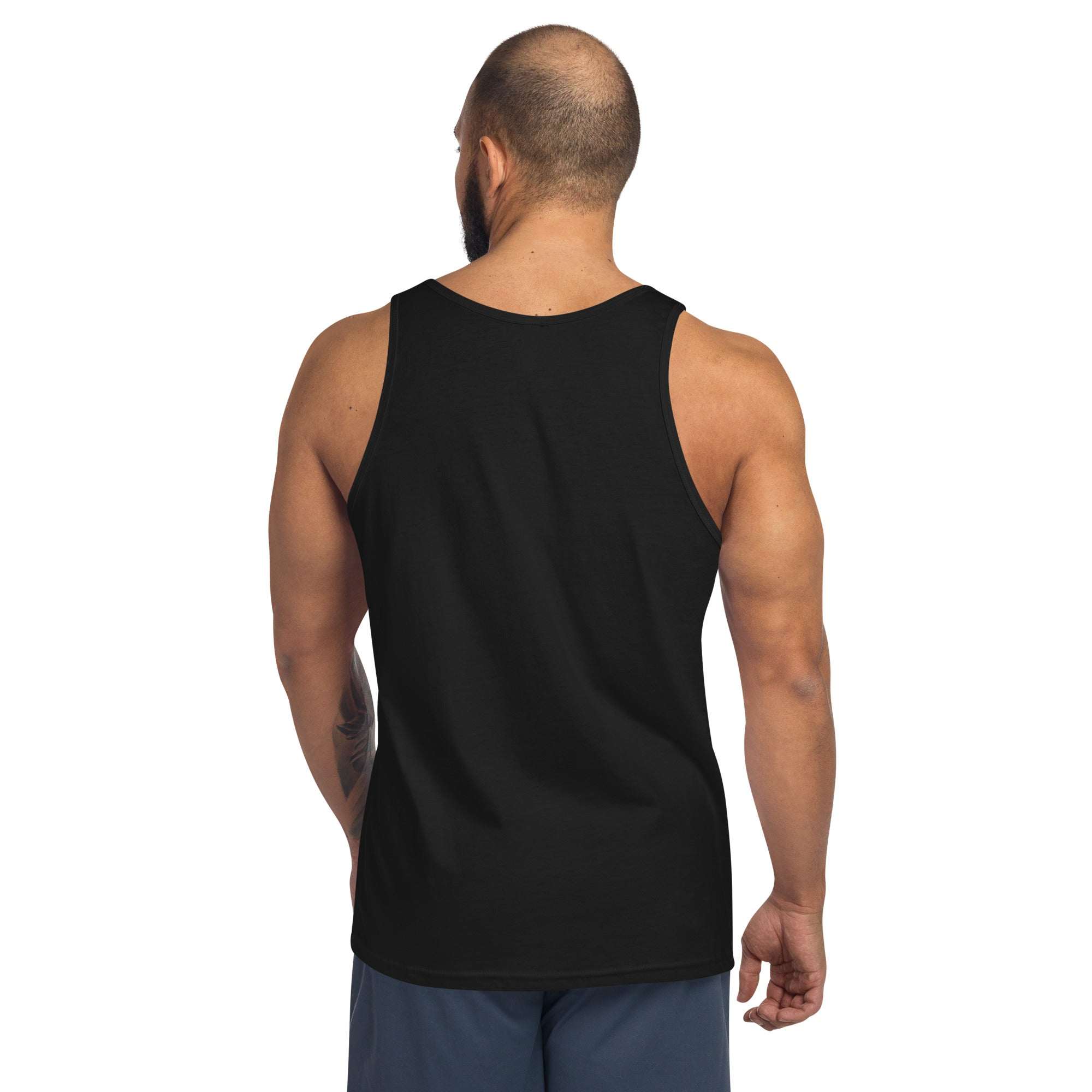 Man wearing black Paul Morris Signature TIM Pride 2025 tank top from back, casual fit, sleeveless cotton shirt