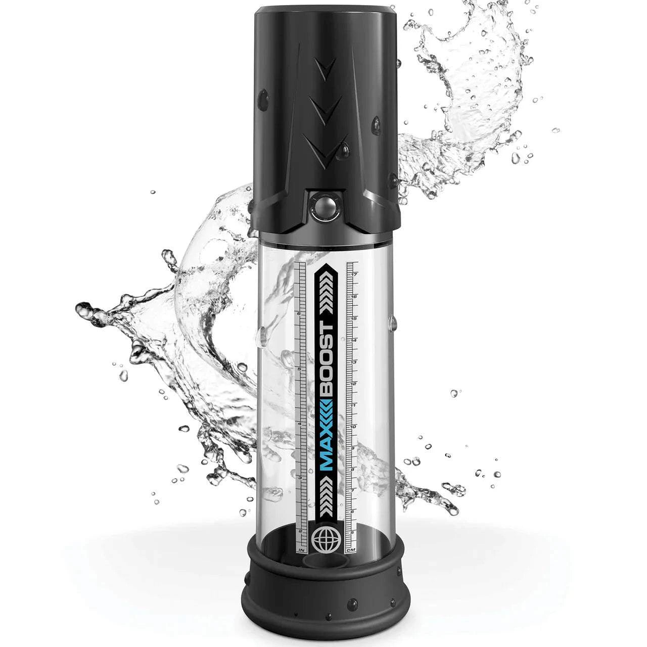 Pump Worx Max Boost Penis Pump with clear cylinder and black silicone sleeve for enhanced performance.