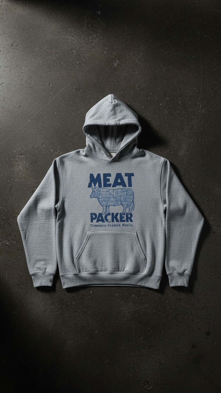 Meat Packer Hoodie, gray pullover with blue graphic print on chest