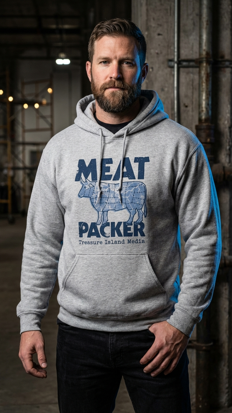 Meat Packer pullover hoodie in gray with blue cow graphic and front pocket.