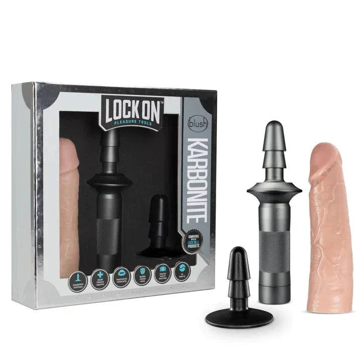 Blush Lock On Karbonite Realistic Dildo with Handle & Suction Cup Adapter kit, including rugged aluminum handle and realistic 7.75-inch dildo, designed for versatile and extreme play.