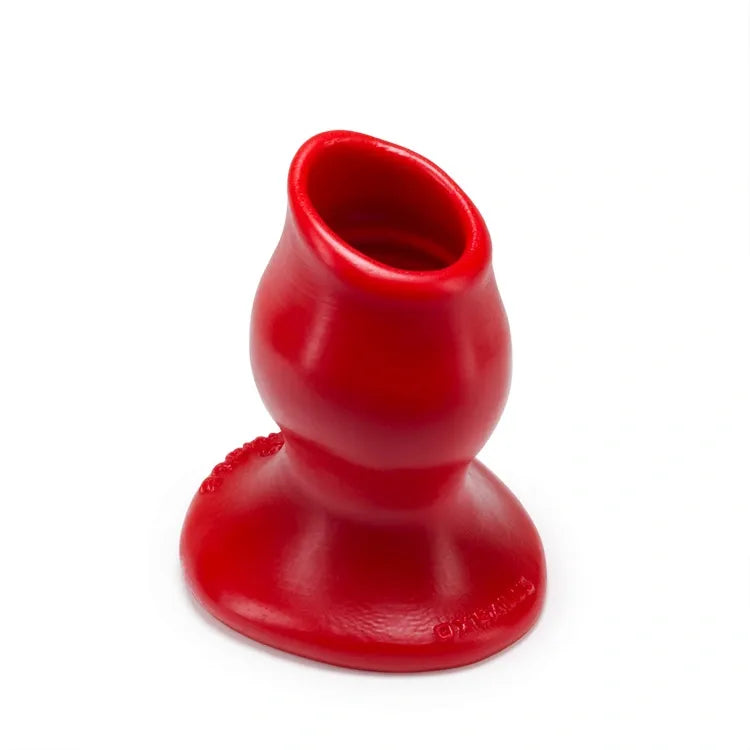 Red OxBalls PigHole 2 Medium Anal Hollow Plug, silicone, 4.5-inch length, 1.5-inch diameter.