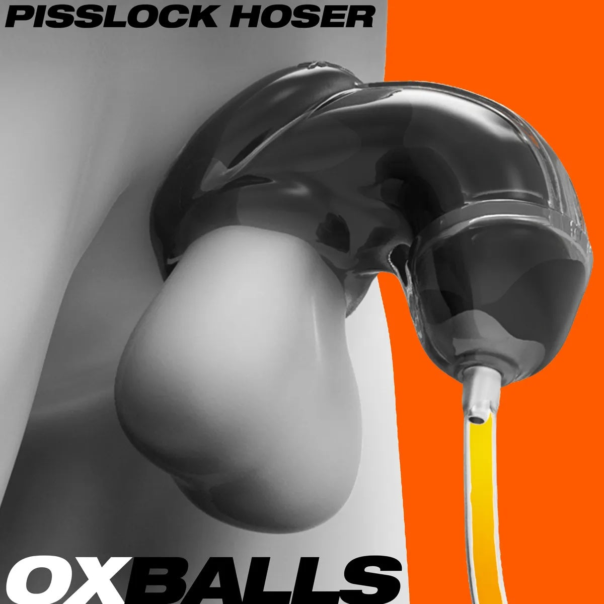 Piss-Lock Hoser with clear and yellow rubbery sheath, aluminum funnel, and silicone hose.