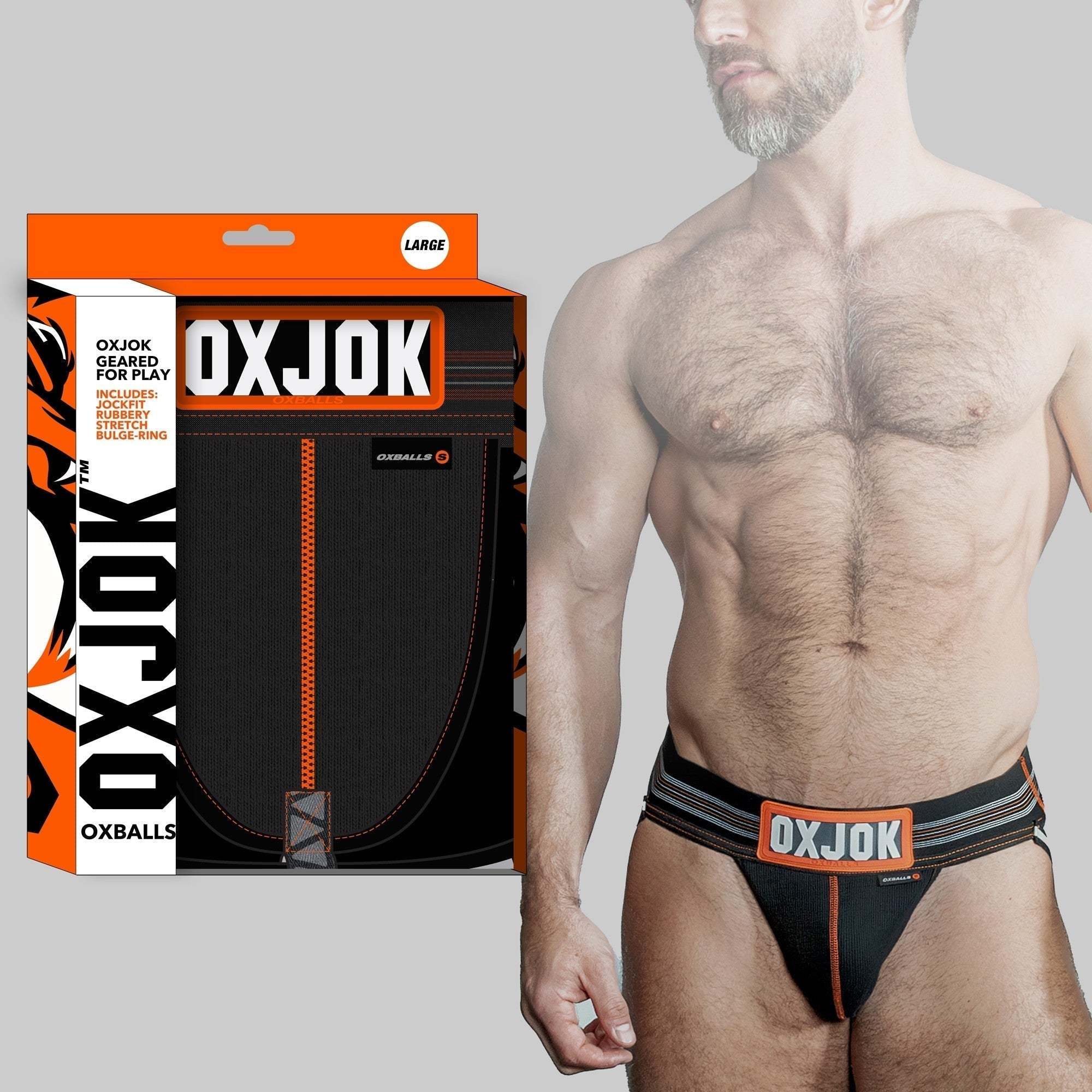 Oxballs Slingjock Jockstrap - black iron, comfortable design, slider-strap pouch, bold OXJOK logo, innovative pouch, jockstrap for style and play.