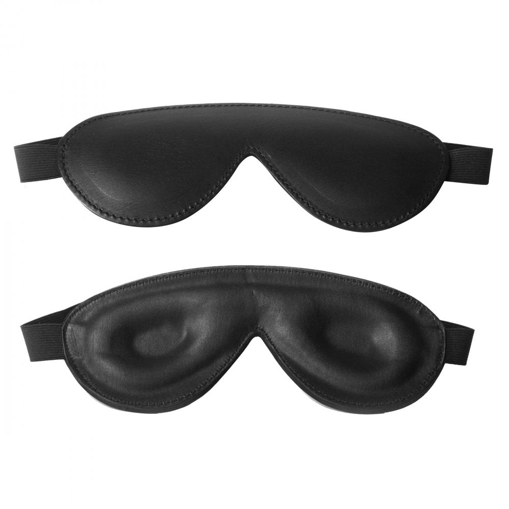 Strict Leather Padded Blindfold in black with secure elastic band and padded interior for comfort and sensory play.