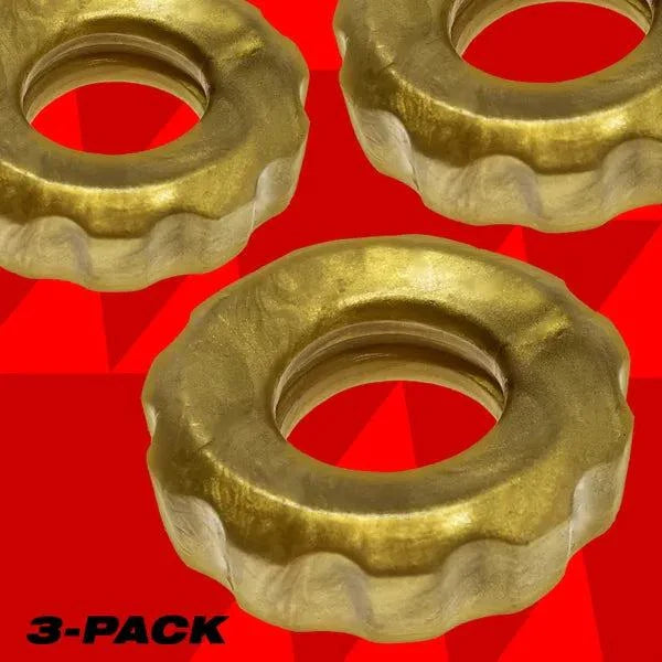 Hunkyjunk SuperHuj 3-Pack Cockrings, metallic flexTPR design, firm fit, luxurious velvet finish.