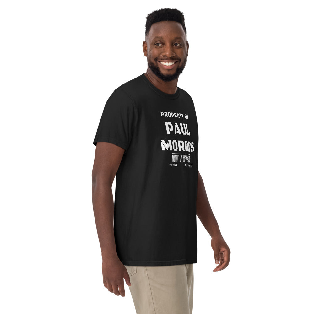 Property of Paul Morris tee on model