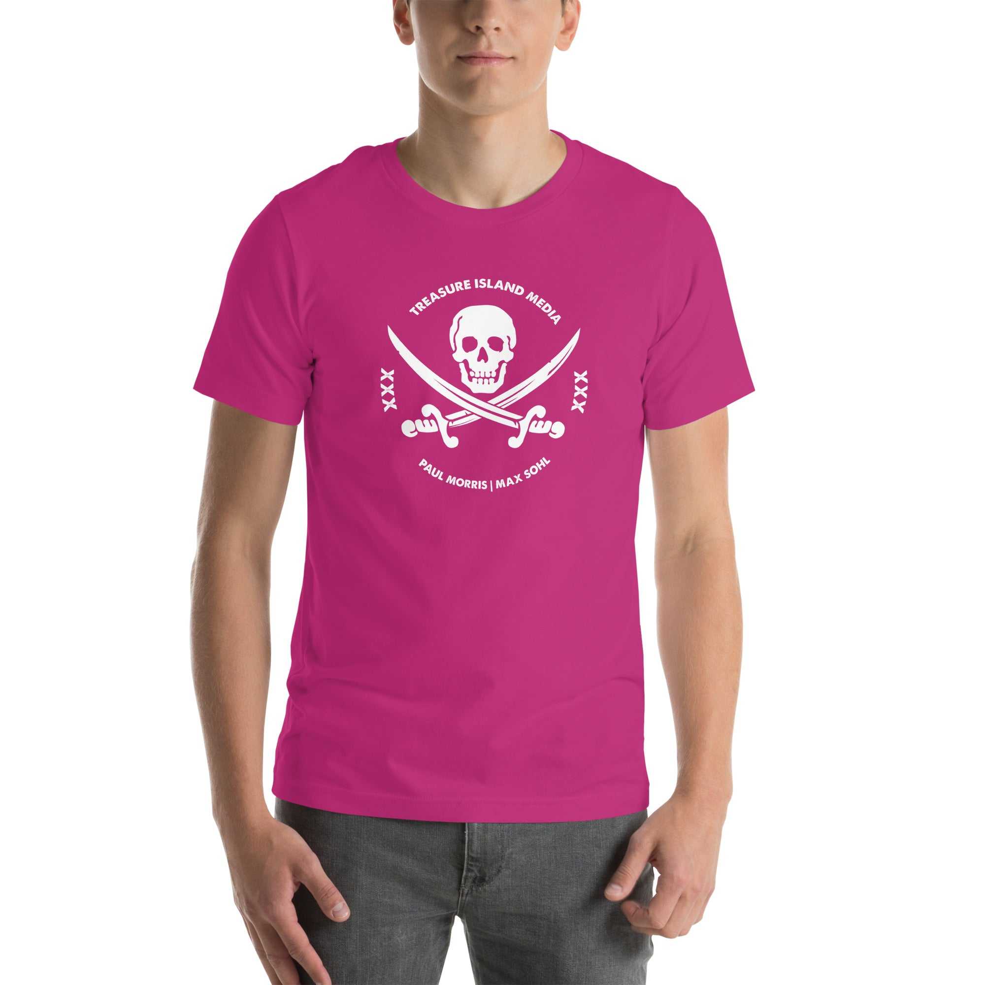 Men's pink t-shirt with skull and crossbones graphic on the front.