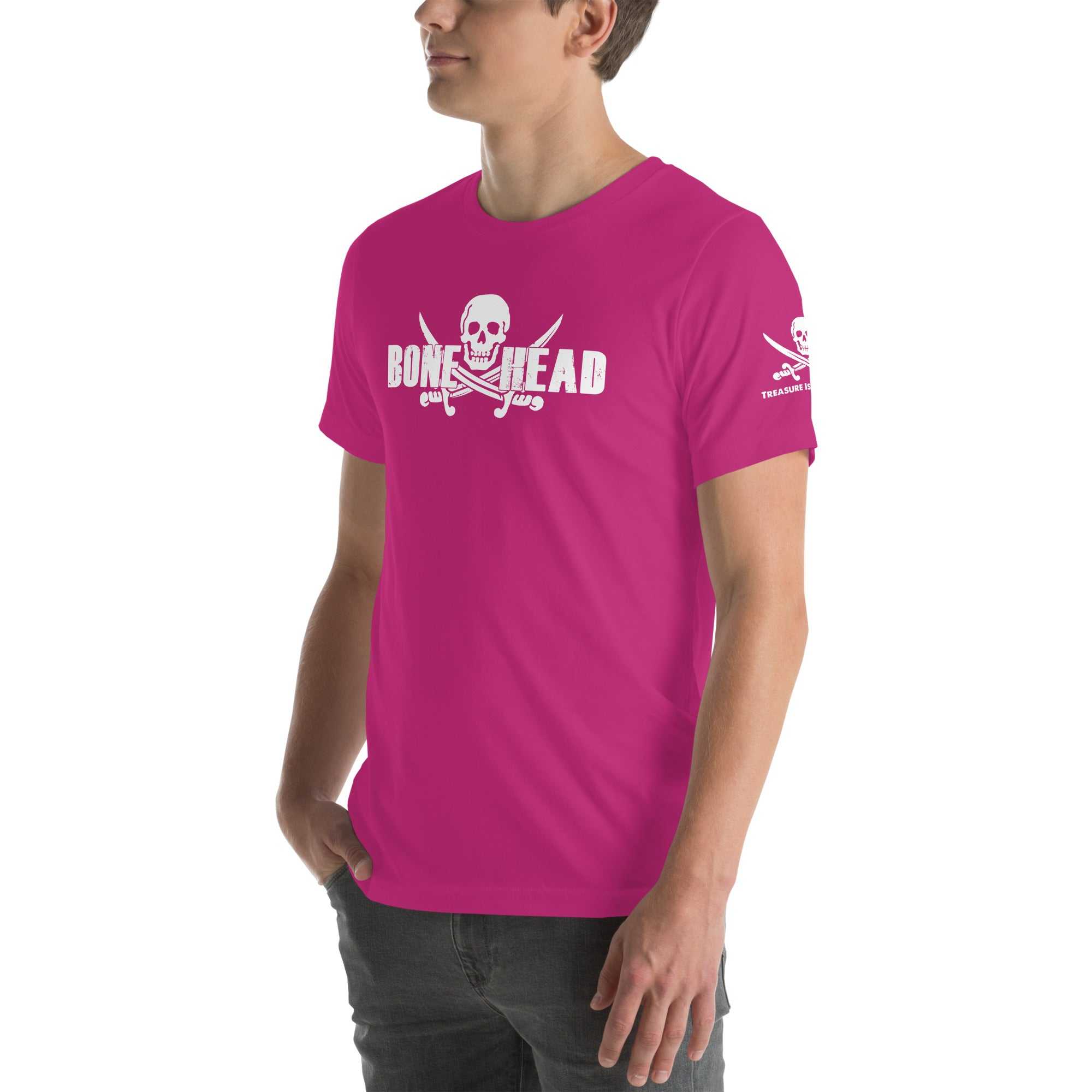 Bone Head T-Shirt with skull graphic design on pink cotton fabric.