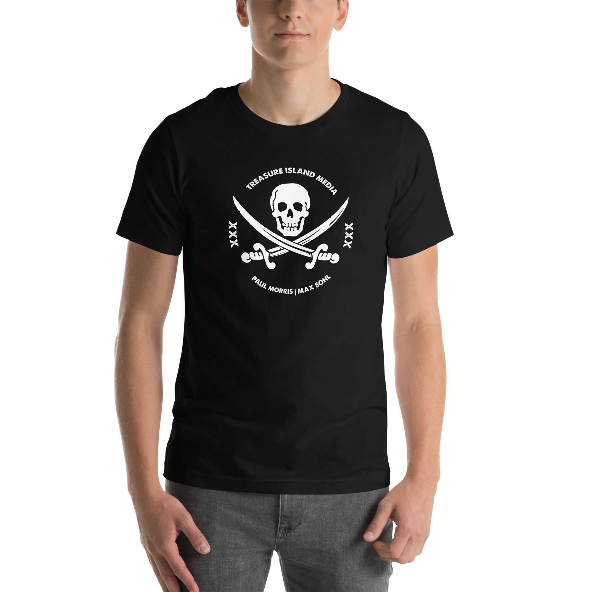 Black t-shirt with a white skull and crossbones logo design.