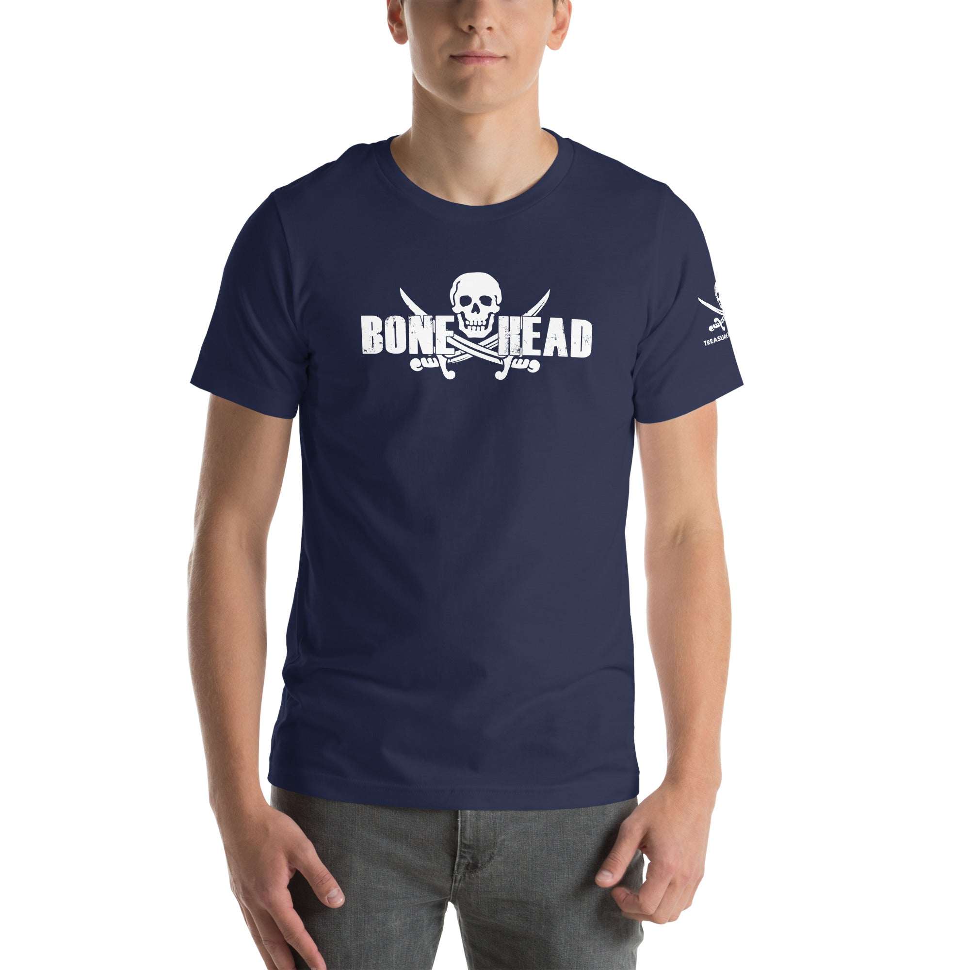 Bone Head T-Shirt featuring a detailed skull design on navy cotton.