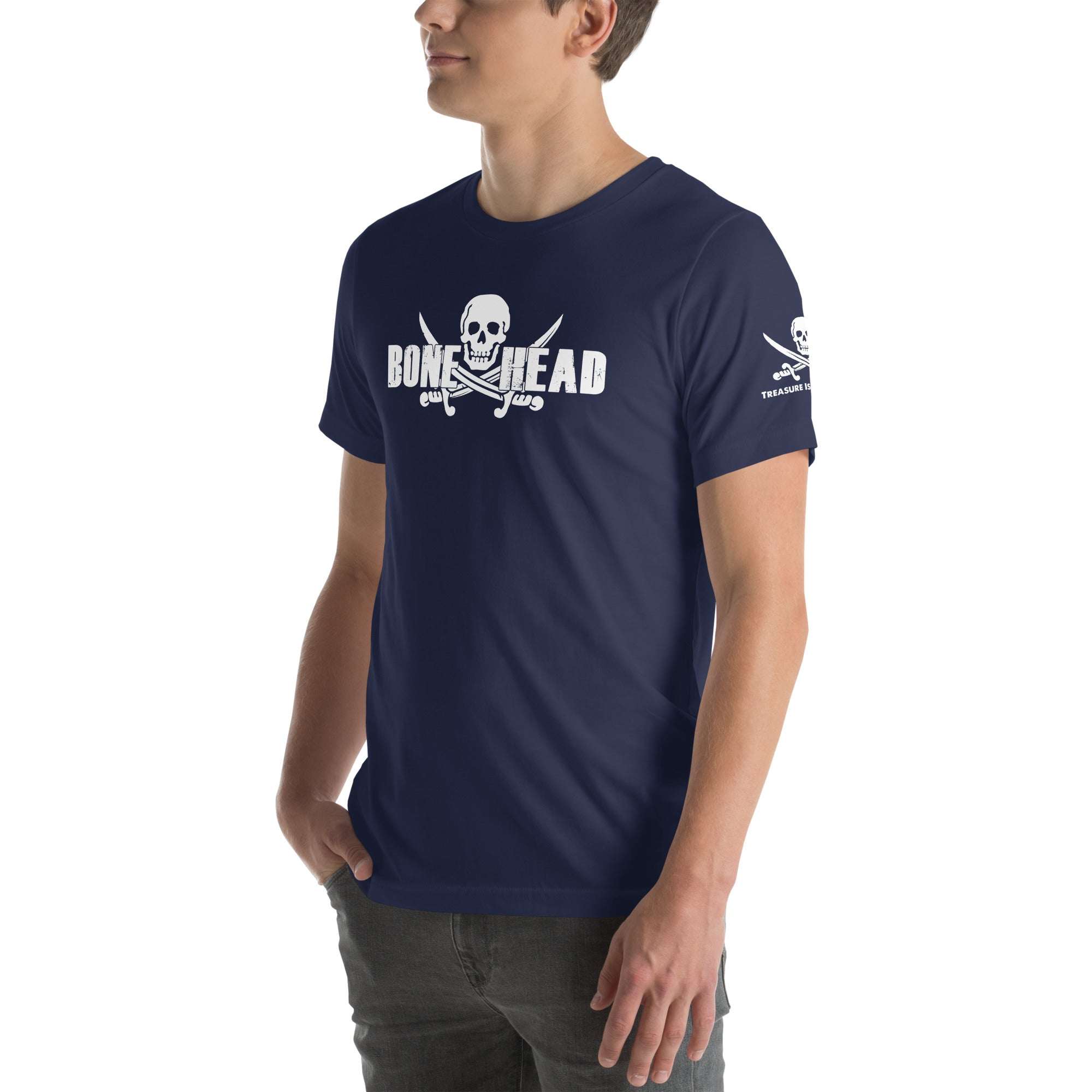 Bone Head T-Shirt with skull graphic design in navy blue.