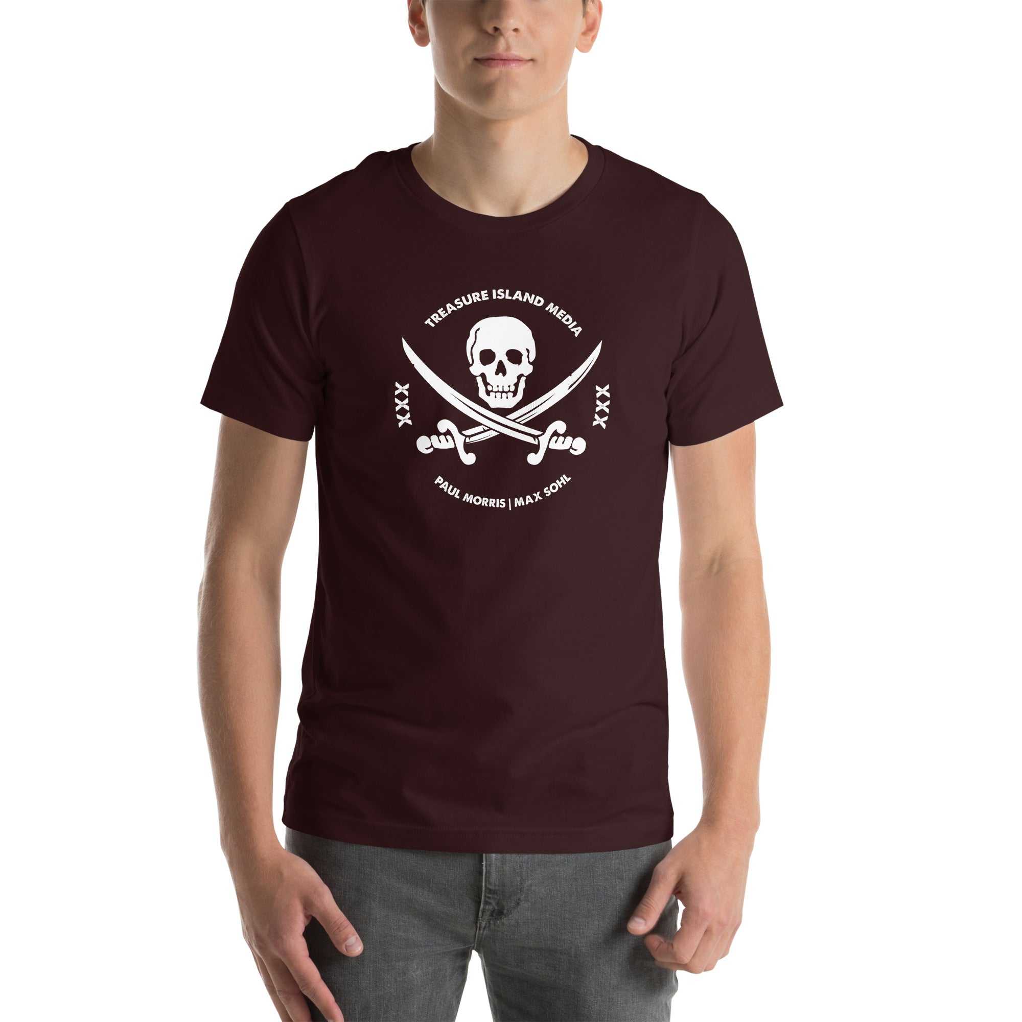 Man wearing TIMXXX White Logo T-Shirt with skull and crossed swords design on front.