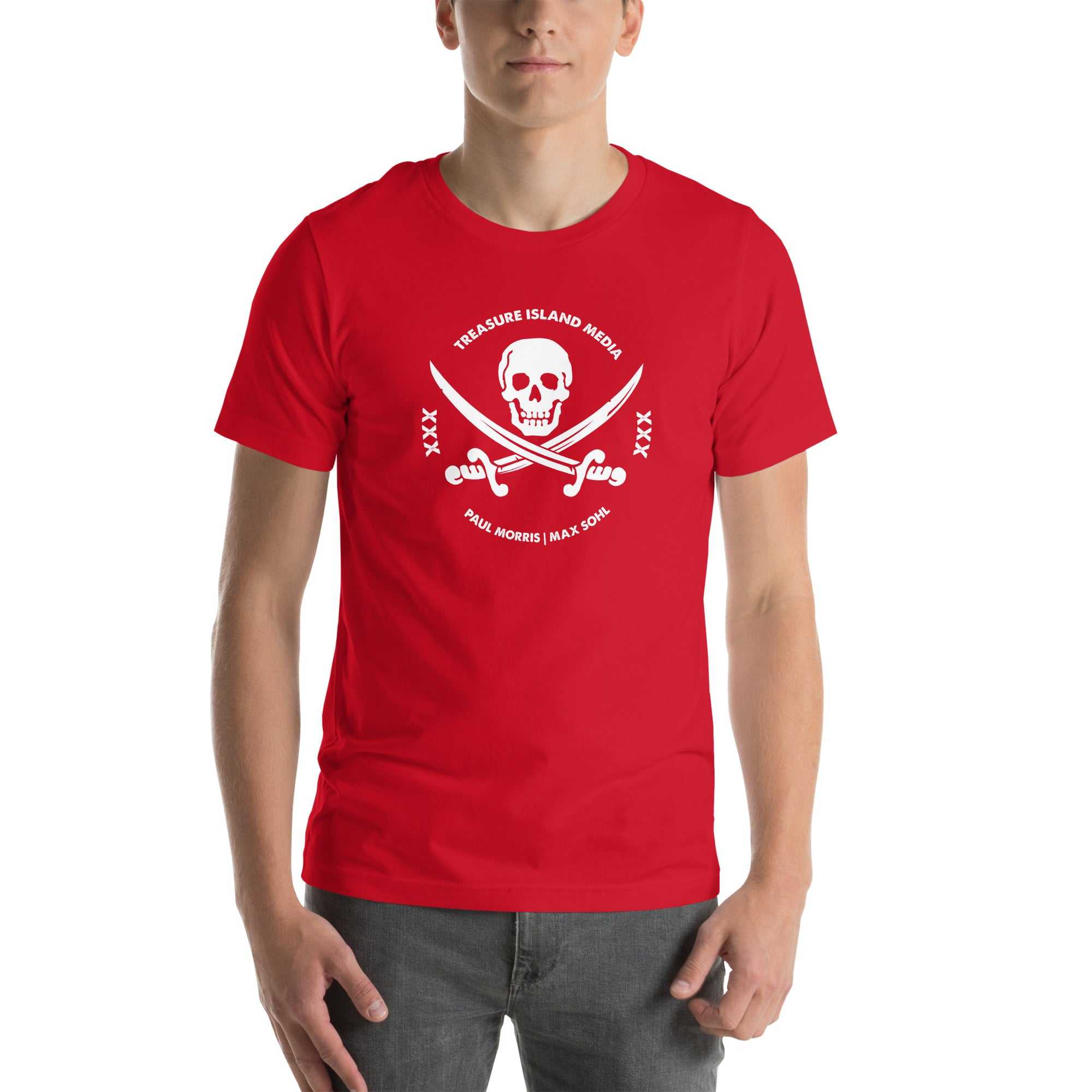 Man wearing a red t-shirt featuring a white skull and crossbones logo design with "Treasure Island" text.