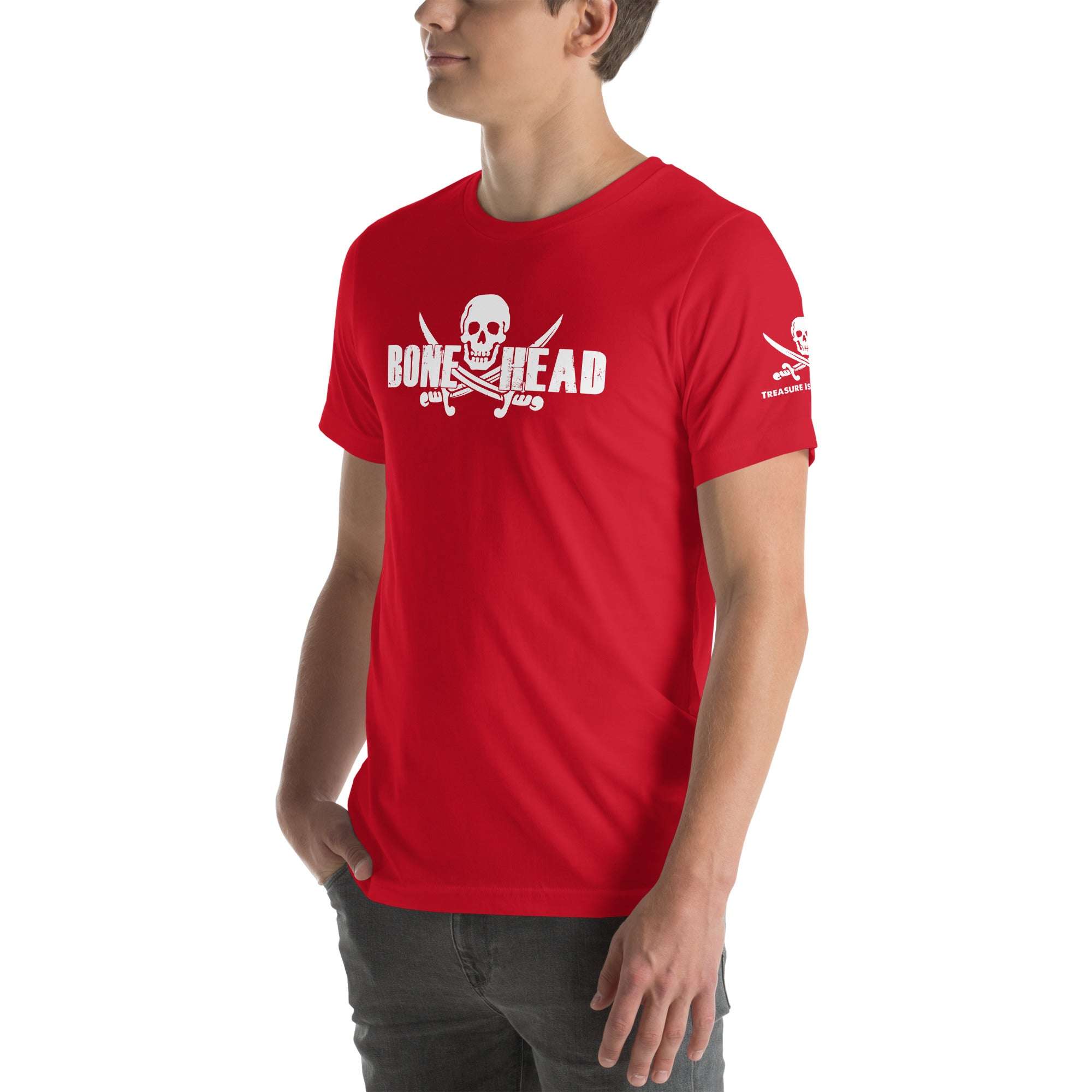 Red Bone Head T-Shirt with skull design and bone detailing.