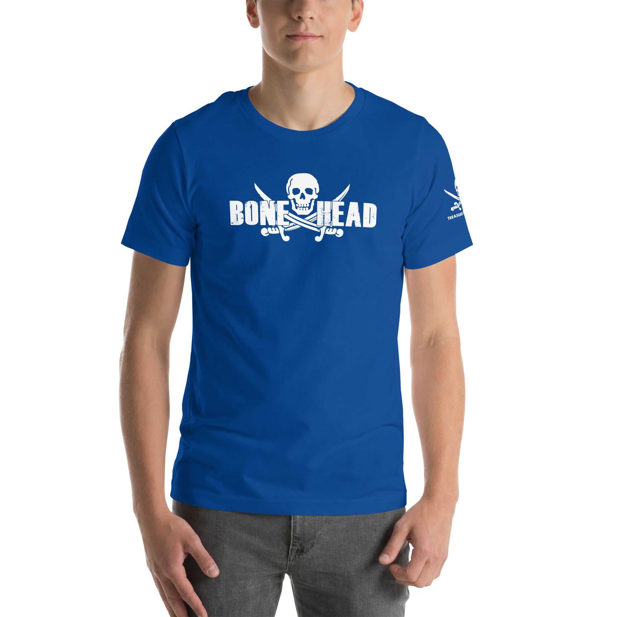 Bone Head T-Shirt with skull and bone graphic design on blue fabric.