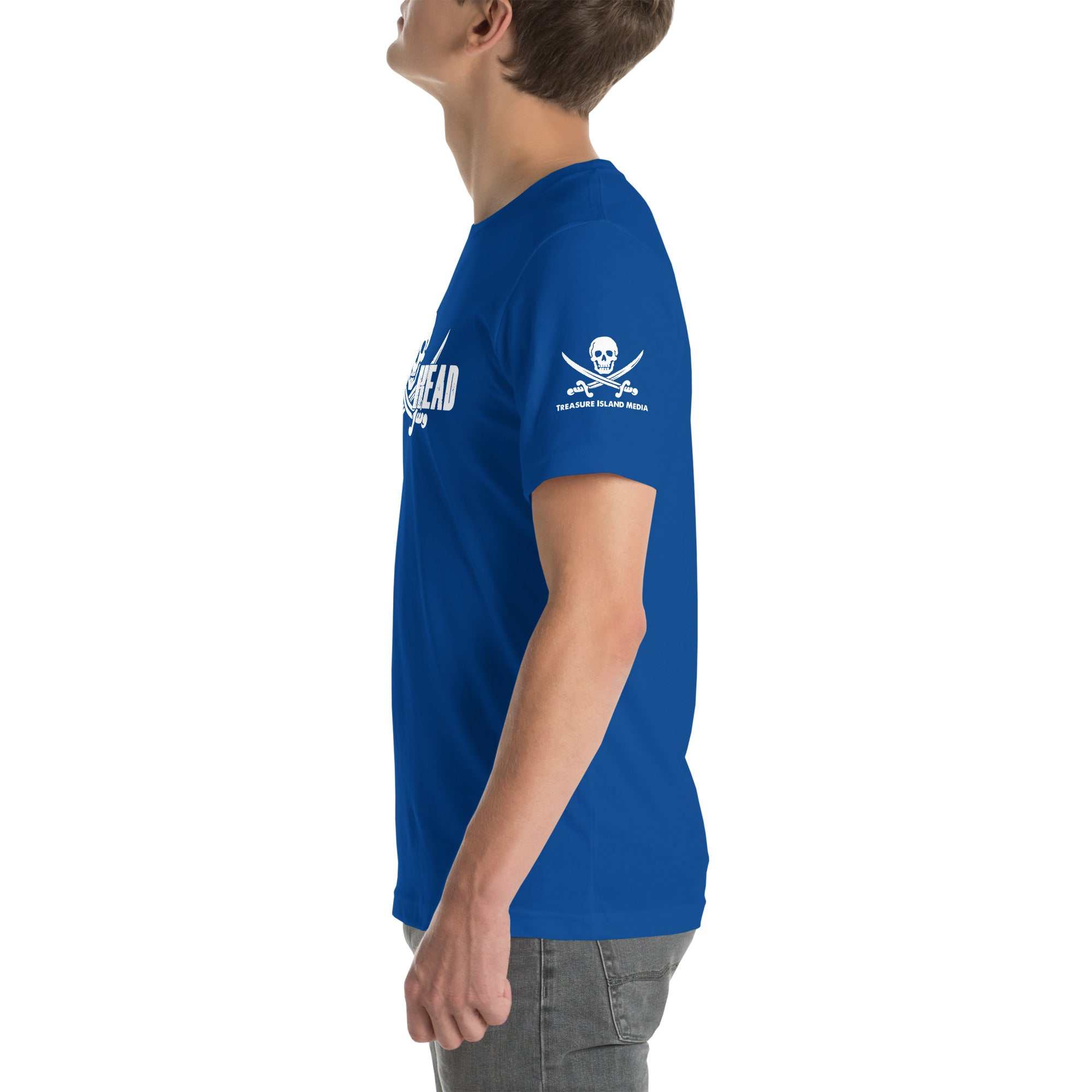 Blue Bone Head T-Shirt with skull design, side view.