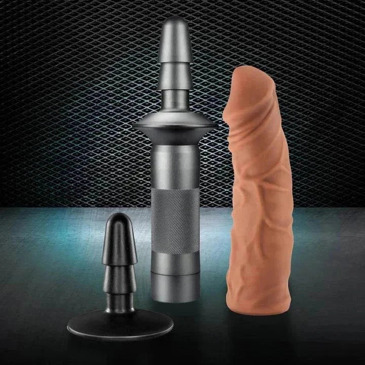 Blush Lock On Karbonite realistic dildo with aluminum handle and suction cup adapter for versatile pleasure.