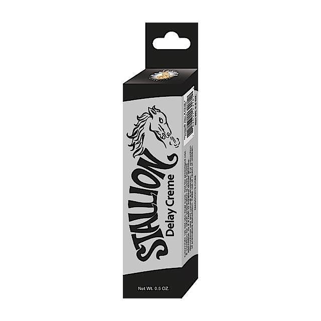 Stallion Delay Creme 0.5oz packaging for male performance enhancement and prolonged pleasure.