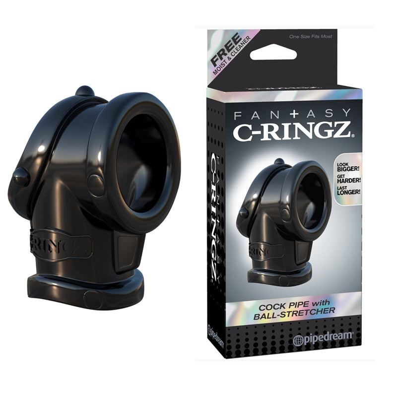 C-Ringz Cock Pipe With Ball Stretcher, black silicone dual-action toy for enhanced pleasure and stamina.