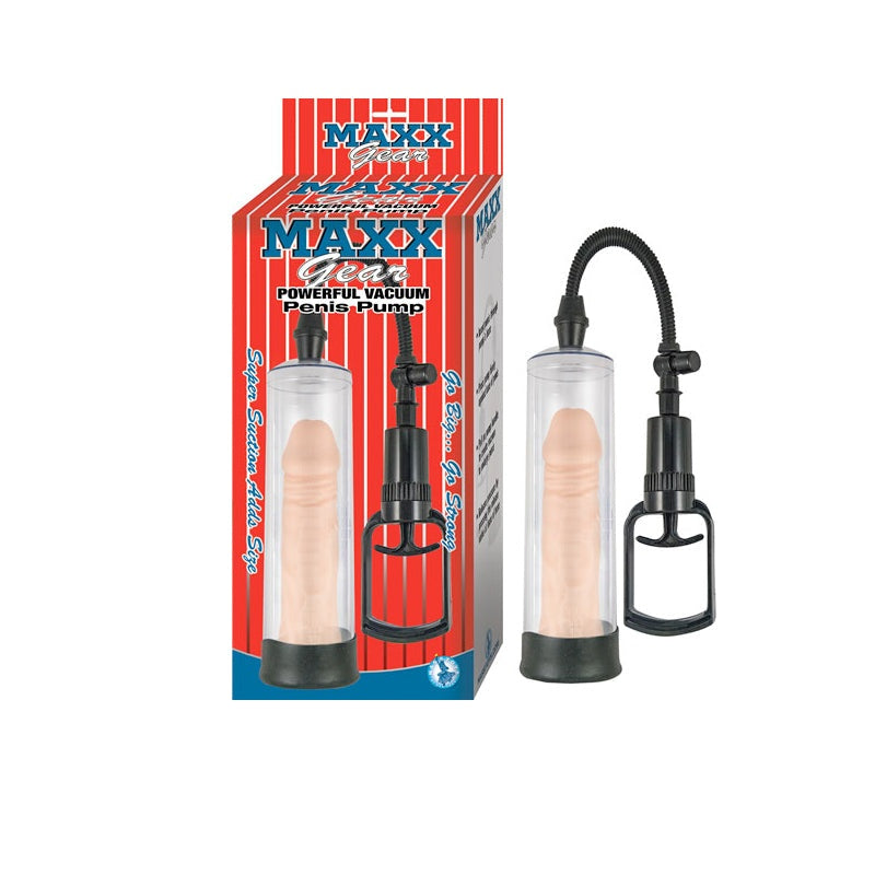 Maxx Gear Powerful Vacuum Penis Pump Clear with packaging, advanced vacuum technology for sexual enhancement.