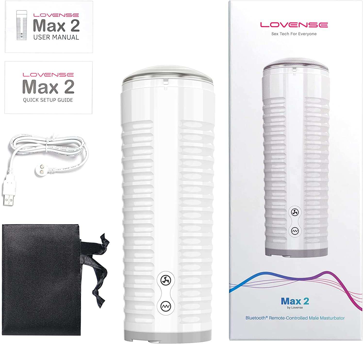 Lovense Max 2 app-controlled stroker with accessories, user manual, and packaging.