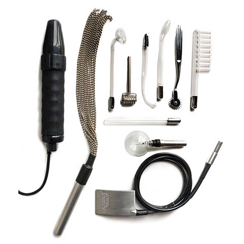 Kinklab Agent Noir Neon Wand Electrosex Kit with attachments and black faux leather case.