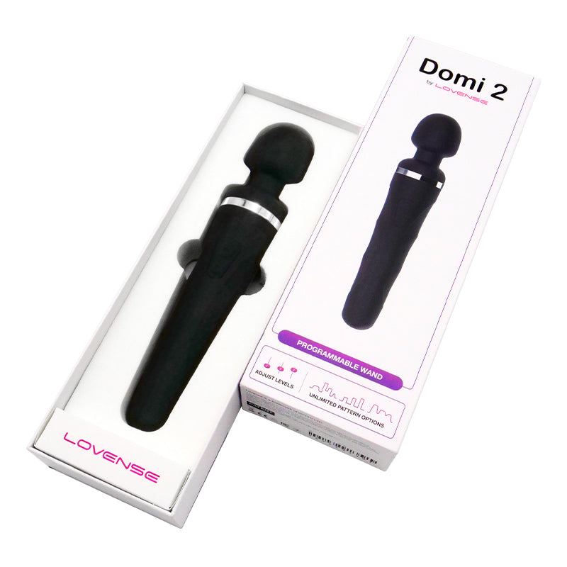 Lovense Domi 2 Mini Wand Vibrator in packaging, powerful ergonomic design.