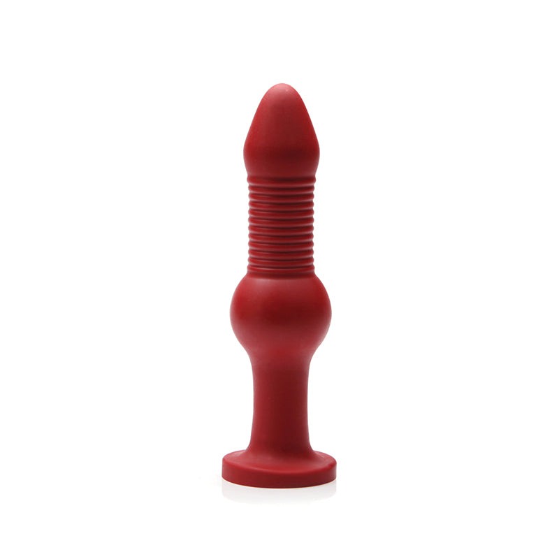 Tantus Fido XL Premium Silicone Dong in Ruby Red with suction base and veiny texture.