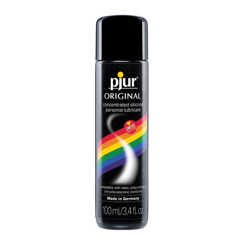 Pjur Original Silicone Rainbow 100 ml lubricant bottle with rainbow design.