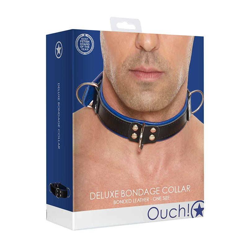 Ouch Deluxe Bondage Collar packaging with adjustable strap and metal D-ring.