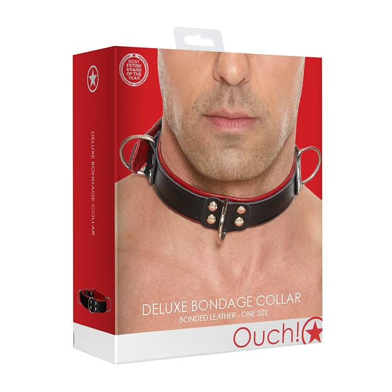 Ouch Deluxe Bondage Collar in packaging, featuring adjustable strap and metal D-ring for BDSM play.