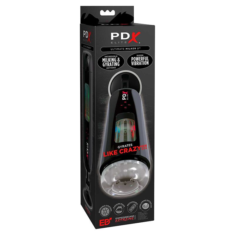 PDX Elite Ultimate Milker 2 automatic male pleasure device packaging with powerful motor and customizable features.