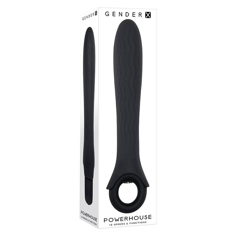 Gender X Powerhouse ring handle silicone vibrator with wavy textured shaft and 12 vibrating functions.